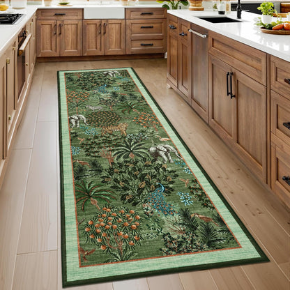 GarveeHome Jungle Rug 2x6 Kitchen Runner Rug Non Slip Washable Runners for Hallways, Animal Print Runner Rugs with Rubber Backing Soft Low-Pile Long Carpet for Bedroom Entryway Laundry, Forest Green