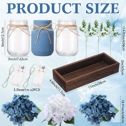 Suncalla 3 Pcs Blue Hydrangea Centerpiece for Table Artificial Hydrangea Flowers with LED Light Mason Jar Wood Tray Eucalyptus Stems Blue Table Decor for Coffee Wedding Kitchen Dining Living Room