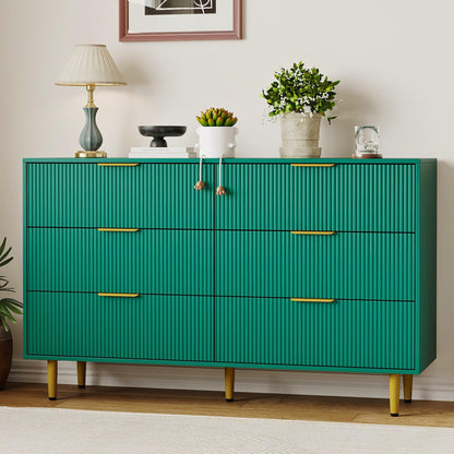 Garvee 56" Wide Fluted Dresser for Bedroom with 6 Drawers, Wooden Chest of Drawers with Gold Metal Handle & Feet, Fluted Dresser for Living Room, Hallway, Bedroom, Green