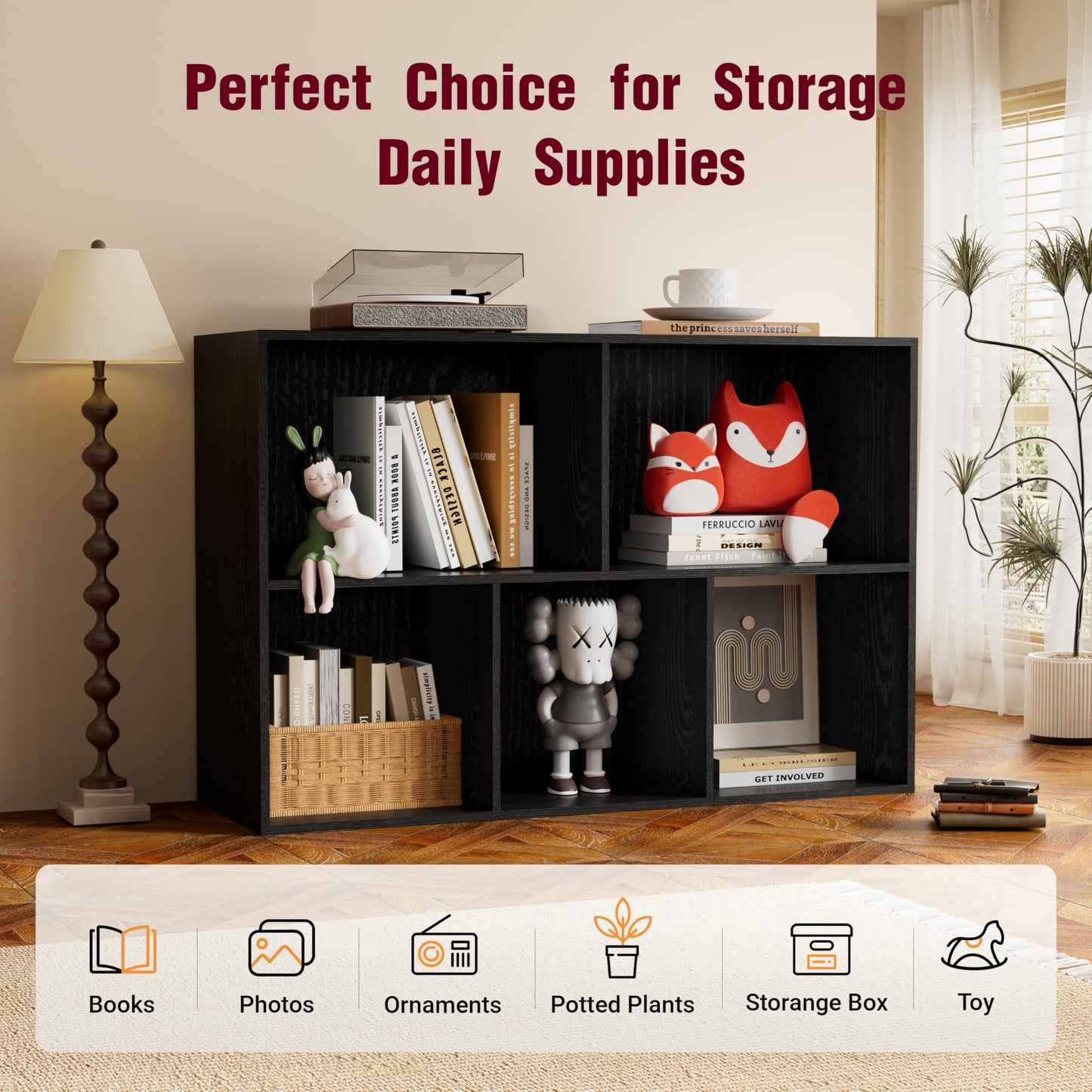 Nestwise Book Shelf, Wooden Cube Storage Organizer with 11" Open Cubes, Stackable Modular Bookcase for Room Divider Storage, 2 Tier Bookshelf for Living Room, Bedroom, Office (Black, 5-Cube)
