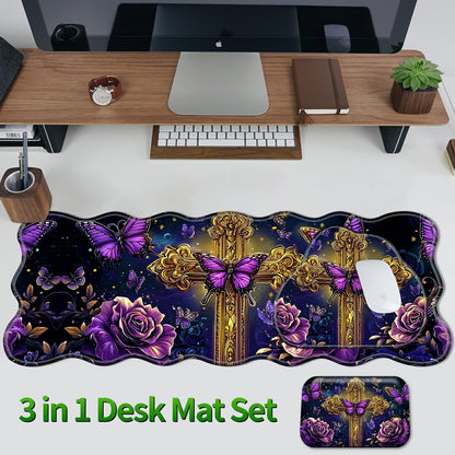 RWUTYTIUL 3-Piece Ergonomic Desk Mat & Cloud Wrist Rest Set, Large 31.5" x 11.8" Wave Office Desk Pad with Memory Foam Support Non-Slip Computer Protector for Home, Gaming, Purple Butterfly Cross