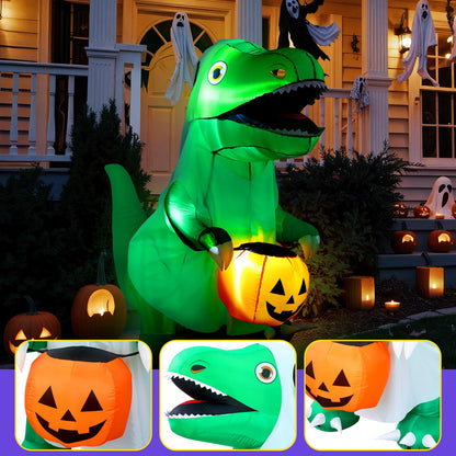 RoundFunny 6 FT Halloween Inflatables Dinosaur Outdoor Decorations Ghost Dinosaur with Pumpkin Inflatables Decoration with Built in LEDs for Halloween Party Yard Lawn Garden Decor