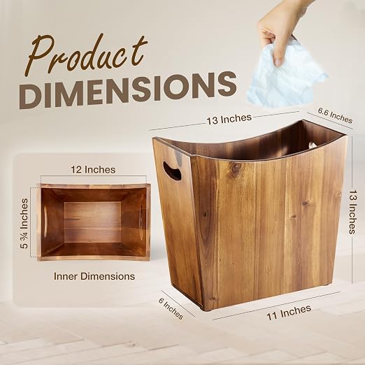 Tidita 3-Gallon Wood Trash Can with Handles for Kitchen, Bathroom, Office | Solid Acacia Wood, Compact Design, Easy to Carry with Integrated Handles, Multi-Purpose Uses, Open Top, Curved Edge Design