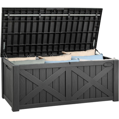 YITAHOME 120 Gallon Large Deck Box with X-Shaped Front, Resin Outdoor Storage Boxes, Waterproof Cushion Storage Bench for Patio, Pool Supplies, Garden Tools - Lockable, Dark Gray