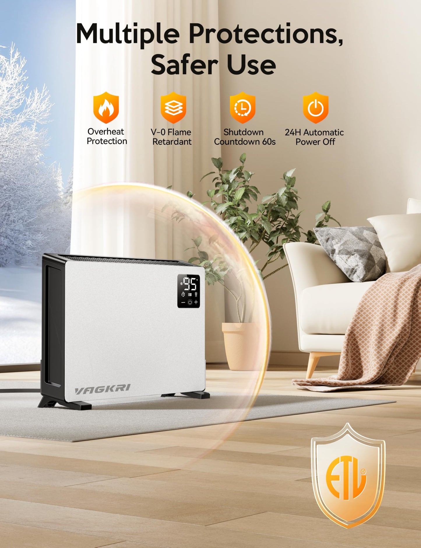 VAGKRI Quiet Electric Space Heater, Wall Mounted Heater 1500W Fast Heating with Remote, 3 Heating Modes, 24H Timer, Indoor Heaters with Stand Base for Bathroom, Bedroom, Living Room, Office