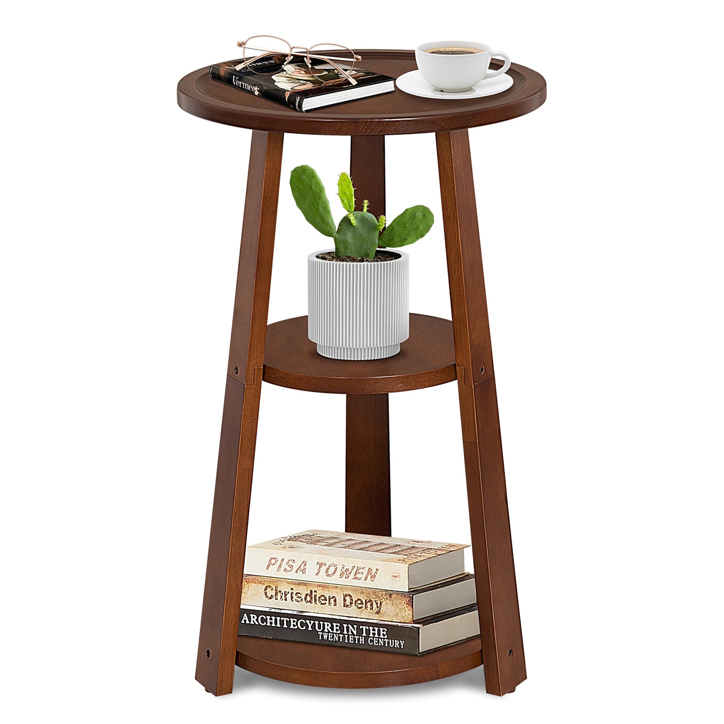 QILOXENTRA 3-Tier Round Side Table, Solid Wood End Table & Nightstand for Small Spaces, Compact Accent Table for Living Room, Bedroom, Office (Red Brown Finish)