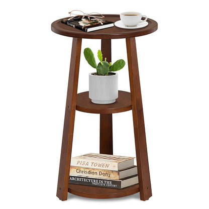 QILOXENTRA 3-Tier Round Side Table, Solid Wood End Table & Nightstand for Small Spaces, Compact Accent Table for Living Room, Bedroom, Office (Red Brown Finish)