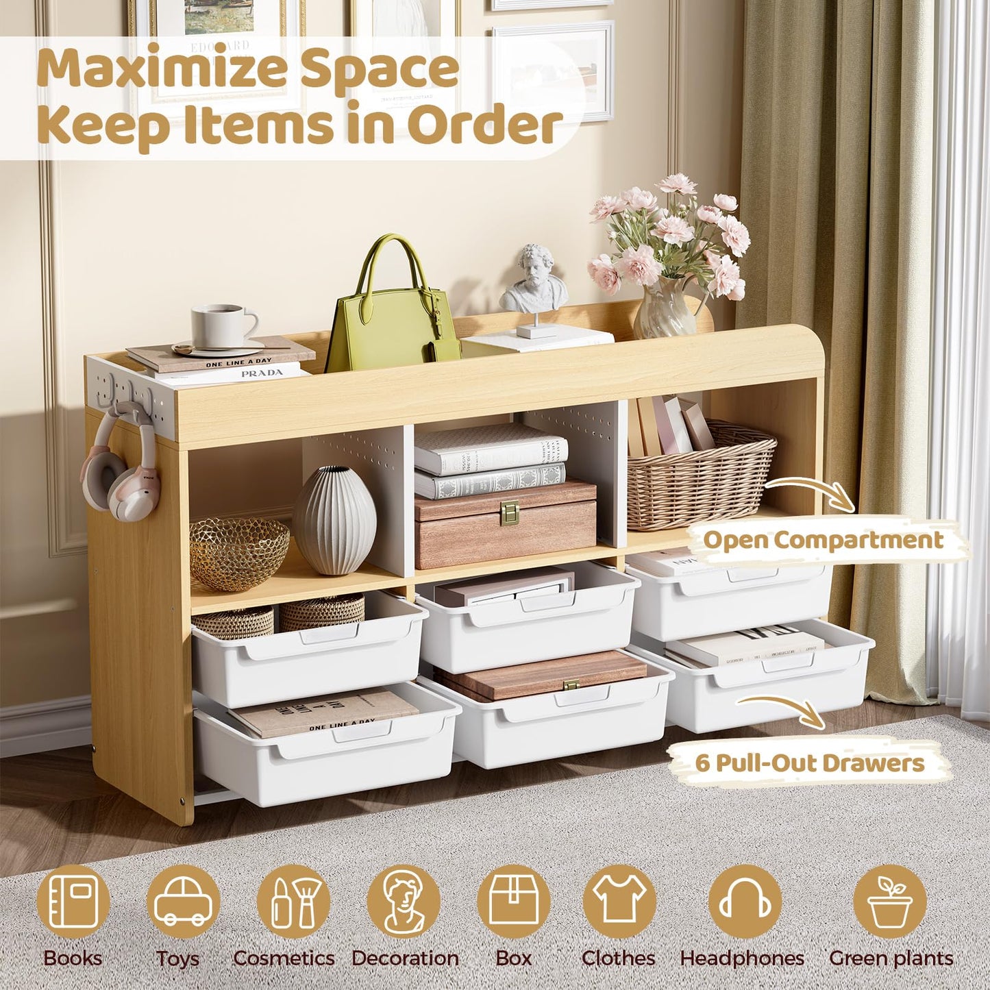 6-Plastic Storage Bins Wooden Storage Containers, Cube Toy Storage Box Organizer with Side Pegboard & Compartments, Drawers for Home Office, Dormitory, Classroom, Craft Room, Playroom Storage(White)