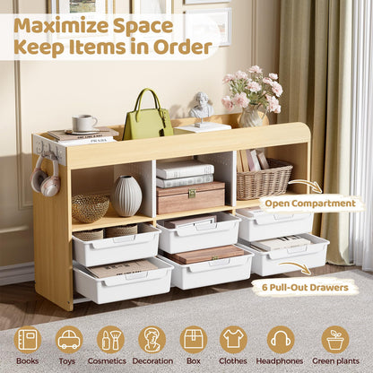 6-Plastic Storage Bins Wooden Storage Containers, Cube Toy Storage Box Organizer with Side Pegboard & Compartments, Drawers for Home Office, Dormitory, Classroom, Craft Room, Playroom Storage(White)