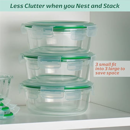 Fusion Gourmet Round Glass Storage Containers with Lids [6 pack] Microwave Safe, Leak-proof, Dishwasher Safe, Oven Safe for Meal Prep Tupperware Set (3 Large + 3 Small, Green)