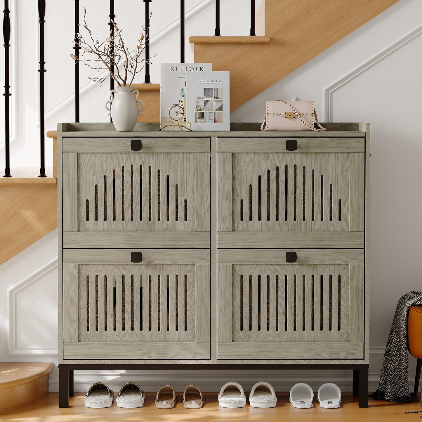 IDEALHOUSE Shoe Cabinet with 4 Flip-Drawers, Wooden Entryway Storage Organizer with Adjustable Shelf, Hidden Shoe Rack for Hallway & Living Room, Grey