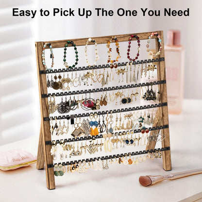Emfogo Earring Holder Organizer, 6 Tier Earring Display Stand with 285 Holes & 6 Bracelet Rods, Rustic Wood Jewelry Organizer for Earring Bracelet Necklace Ring, Gifts for Women (Rustic)