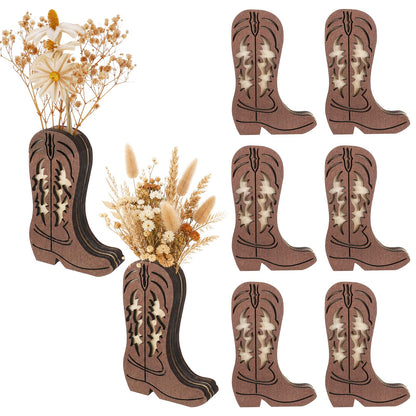 8Pack Wooden Cowboy Boot Vase 3D Hollow Carving, Western Country Boot Table Centerpiece Room Decor, Rustic Farmhouse Boho Style Fake Flower Vases for Baby Shower Wedding Dinner Party Home Decorations