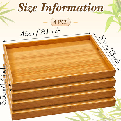 Geelin 4 Pcs 18 x 13 x 1.4 in Large Bamboo Serving Tray with Handles Rectangular Wooden Breakfast Tray Dinner Tray Decorative Coffee Tea Platter for Living Room Bedroom Kitchen Dinner Table Outdoors