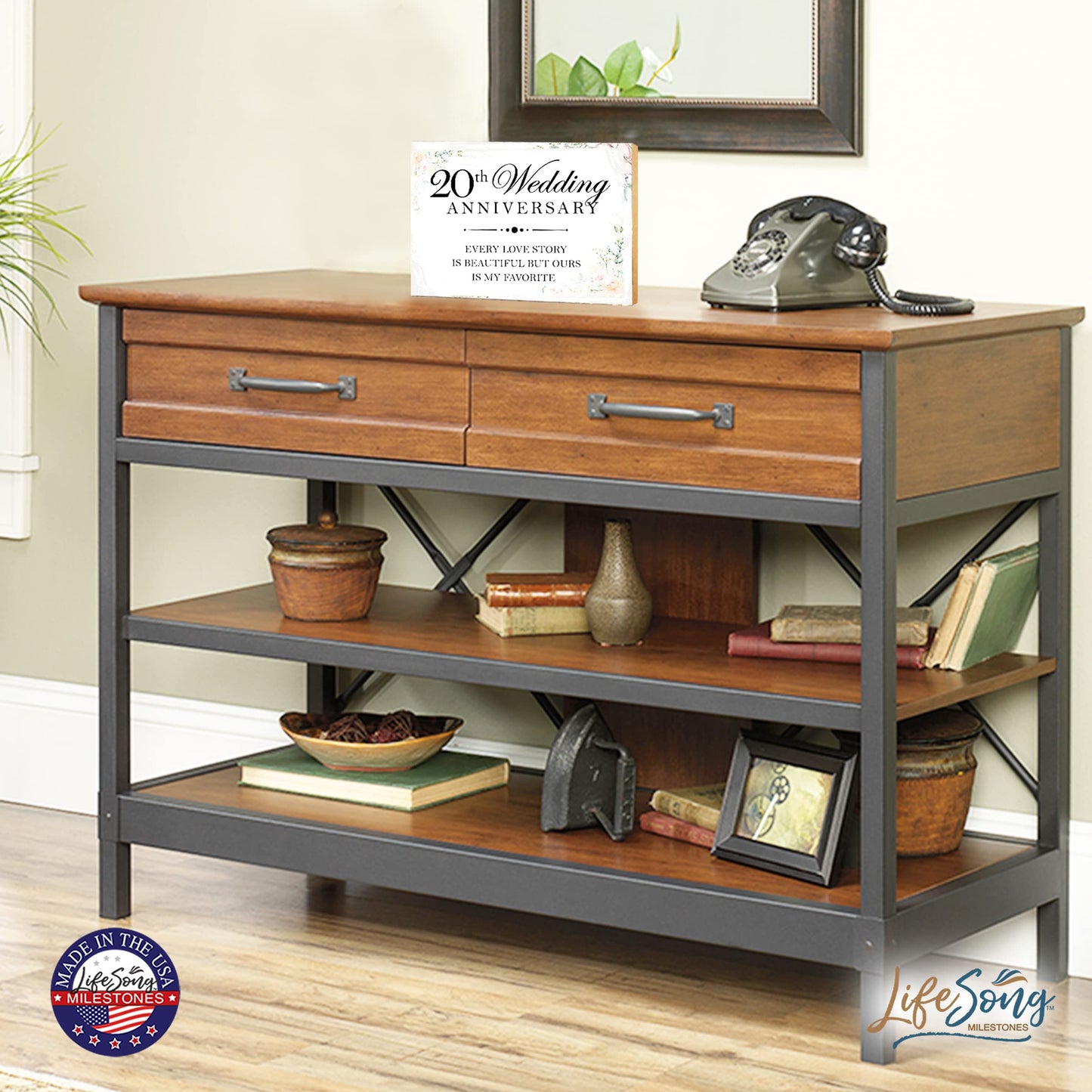 LifeSong Milestones Anniversary Shelf Sitter 5.5x8 - Table Top Décor for Wedding for Couples, Parents, and Her - Wooden Décor (20th White Every Love Story)