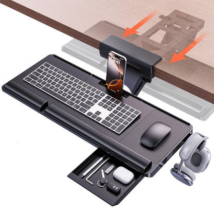 Klearlook Upgraded Ergonomic Keyboard Tray Under Desk, Adjustable Sliding Keyboard Platform Holder, Keyboard Stand with Wrist Rest & Storage Drawer for Home, Office and Gaming, 24.4"x10"