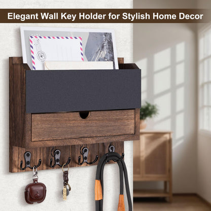 Lucundm Mail and Key Holder Wall Mount with Storage Drawer – Modern Wooden Mail Organizer for Wall Entryway, 7 Key Hooks & Chalkboard Panel – Stylish Home Decor for Apartments, Living Room, Office