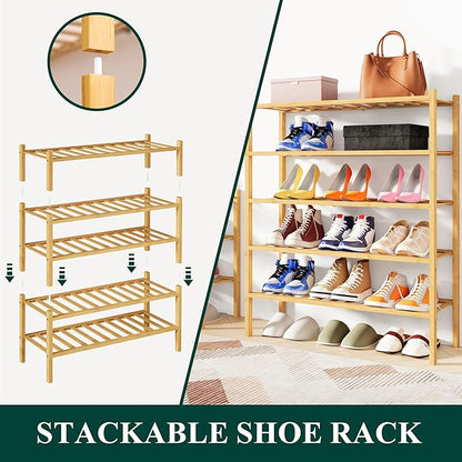 Smiry Bamboo Shoe Rack, 2 Tier Free Standing Wooden Shoe Organizer, Stackable Wood Shoe Storage Shelf for Closet, Entryway, 12 Vertical Slats, One-piece Standard Legs, 26.8"x11"x13", Natural