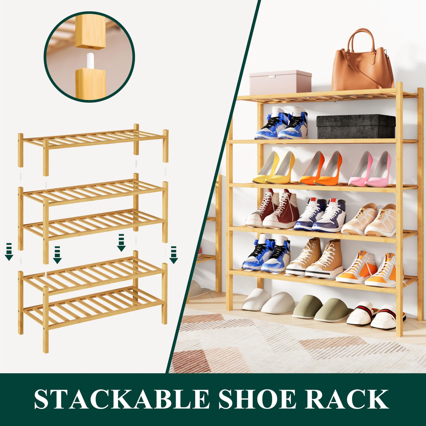 Smiry Bamboo Shoe Rack, 3 Tier Free Standing Wooden Shoe Organizer, Stackable Wood Shoe Storage Shelf for Closet, Entryway, 12 Vertical Slats, 2+1 Stack Standard Legs, 26.8"x11"x19.5", Natural