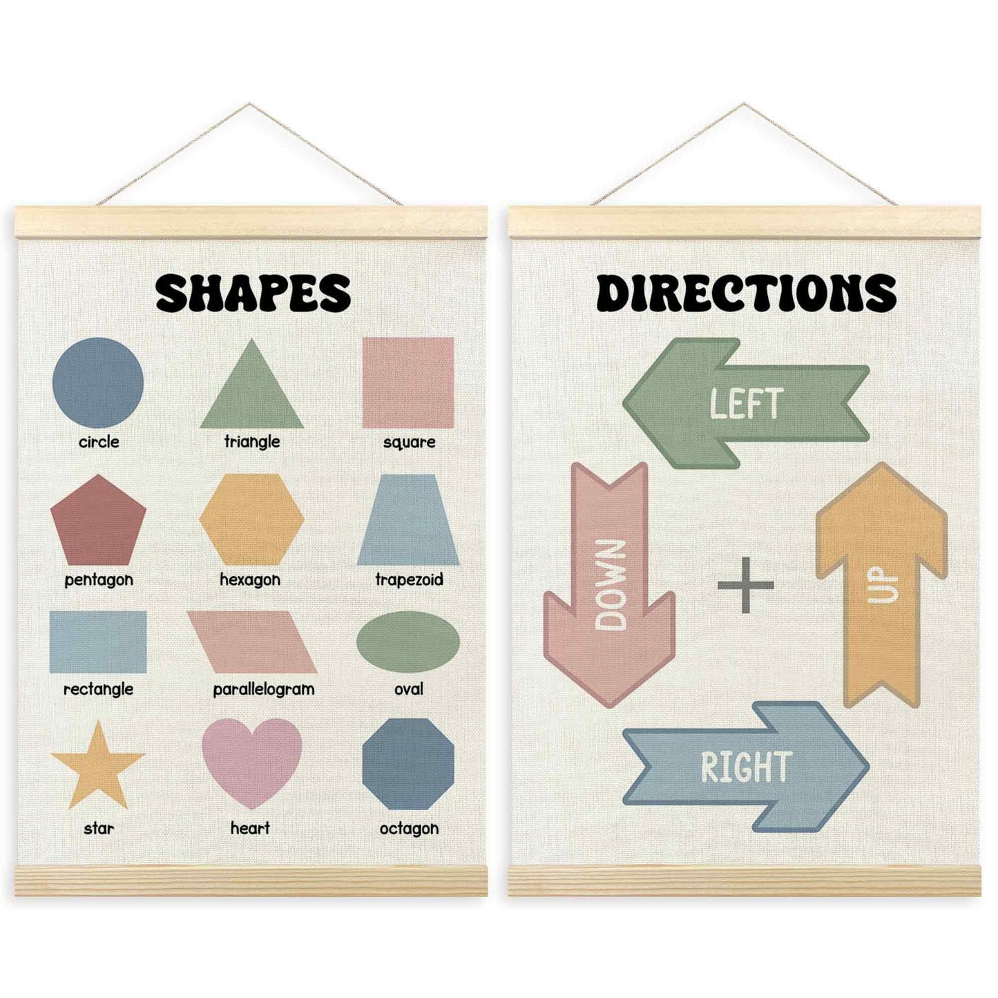 TLESKE Shapes Directions Chart Poster Hanger Frame for Toddler Kid Classroom Set of 2, Homeschool Hanging Wall Art Decor for Nursery Playroom, Preschool Prek Learning Educational Poster, 12x16