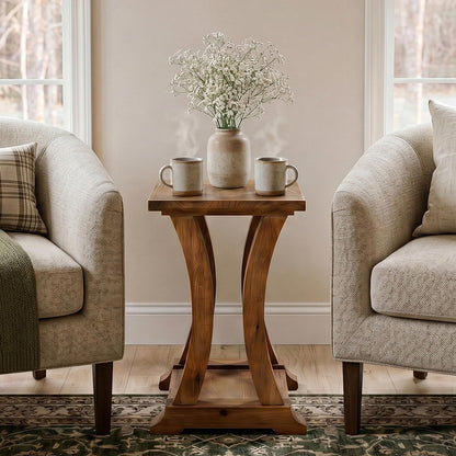 LITTLE TREE Solid Wood End Table, Narrow Side Table with Lower Storage Shelf, Rustic Accent Sofa Side Table for Living Room, Bedroom, Small Space