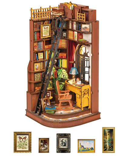 ROBOTIME Book Nook Kit, DIY Miniature House Kit, 3D Wooden Puzzle Bookends,Bookshelf Decor, Simple Assembly Dollhouse Kit, Creative Unique Gifts for Adults/Teens/Beginner (Silent Corner Study)