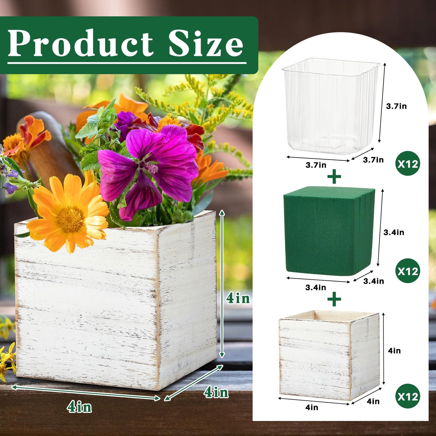 Dandat 12 Sets 4 Inch Wooden Cube Planter Boxes for Centerpiece Flower White Wood Rustic Square Vase with Removable Plastic Liner Floral Foam Block for Garden Wedding Home Arrangement Decor