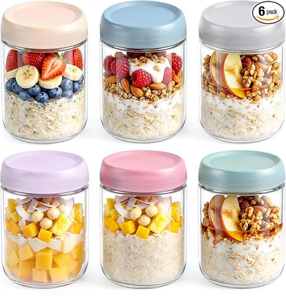 16 oz 6Pack Overnight Oats Containers with Lids, Airtight Leakproof Wide Mouth Glass Mason Jars, Reusable & Portable for Meal Prep, Yogurt, Salads, Smoothies, Spice, Sugar, Snacks & Food Storage-clear