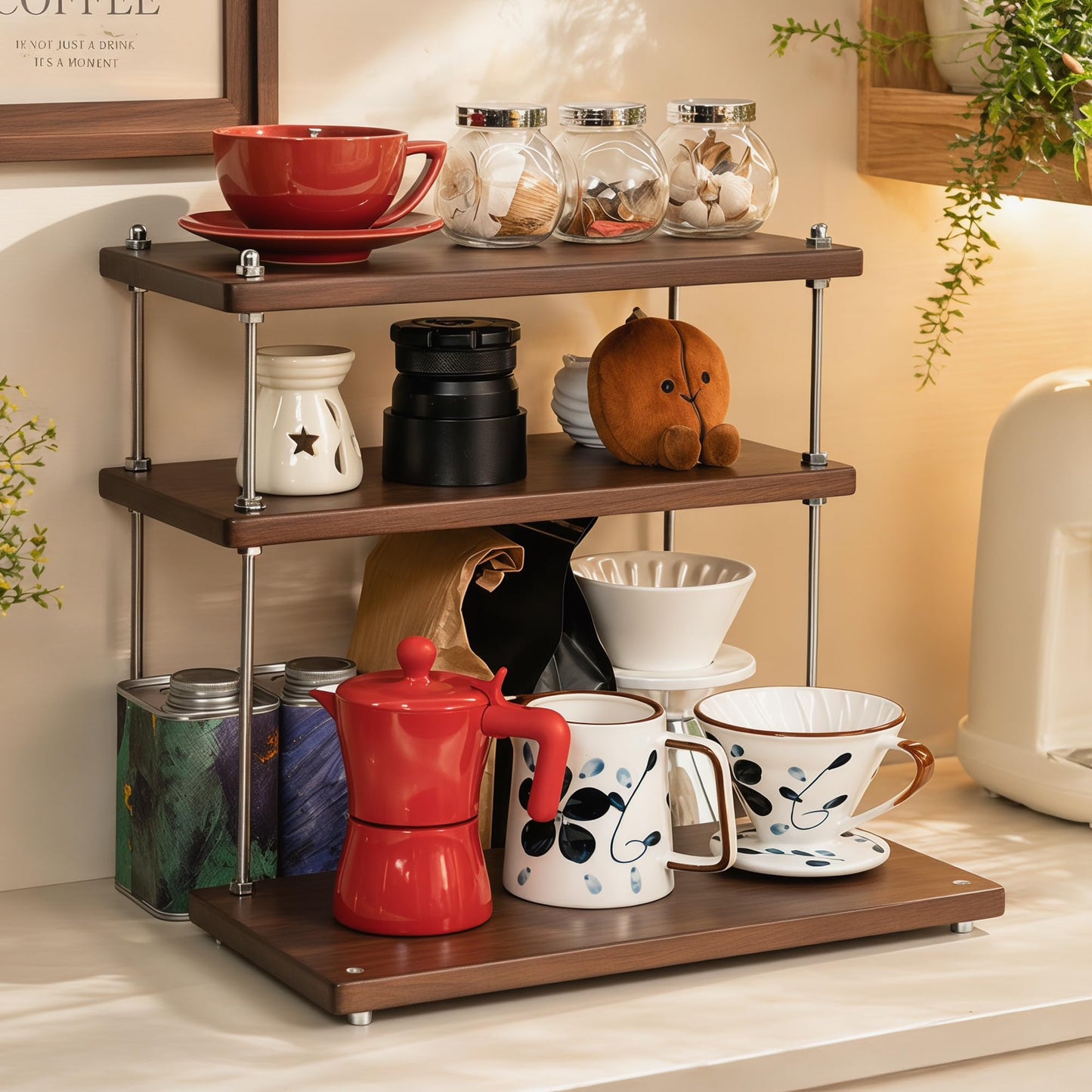 CheerNest Solid Wood Bread Box and 3 Tier Coffee Bar Rack for Kitchen Countertop, Brown