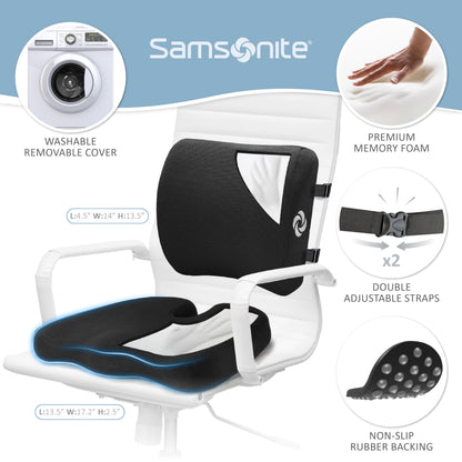 Samsonite Ergonomic Seat Cushion and Lumbar Support Cushion Combo, Memory Foam Office Chair for Back Support, Car Seat and Wheelchair Ergonomic Pillow, Premium Home and Office Desk Accessories