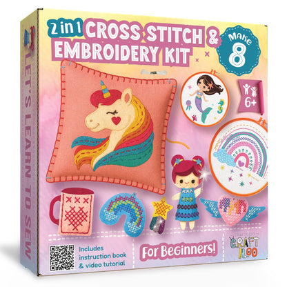 CRAFTILOO 2 in1 Cross Stitch & Embroidery Kit for Kids Ages 6+ Make 8 Projects Backpack Charms, Keyring, Doll, Wall Art, Unicorn Pillow & Card Holder Beginner Needlepoint & Creative Gift Set