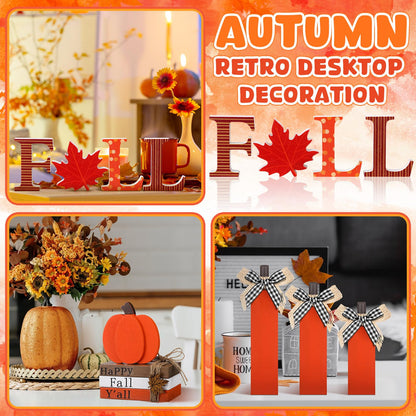 FoldTier 11pcs Thanksgiving Fall Decorations for Home Pumpkin Tiered Tray Decor Fall Table Decoration Maple Leaf Wooden Sign Autumn Pumpkin Tabletop Stack Faux Books Centerpiece for Shelf Harvest