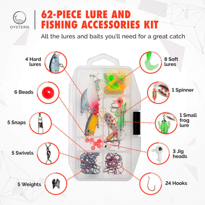 Oystern Kid’s Fishing Pole Kit with Spinning Reel - 62 Piece Tackle Bag, 4lb Line - Including Beginner’s Guide eBook - Toddler Fishing Pole Combo - Youth Telescopic Portable Rod - Kids Fishing Gear