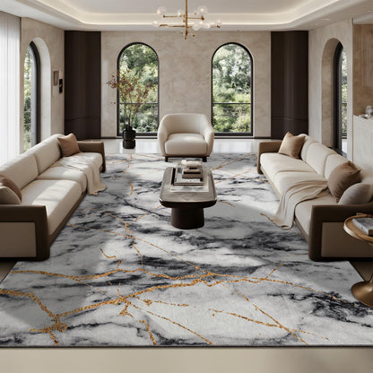 CRYPTOLITE Area Rugs 9x12 Rug for Living Room Abstract Washable Rug with Non-Slip Backing Low Pile Area Rugs for Bedroom, Dining Room, Gold&Grey
