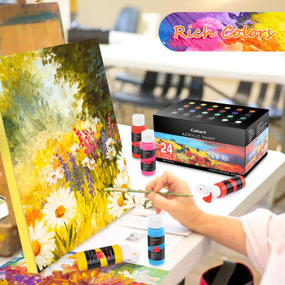 Caliart Acrylic Paint Set with 12 Brushes, 24 Colors Wood Craft Paints for Adult Artist Beginner Painter, Rich Pigments, Halloween Pumpkin Canvas Ceramic Rock Painting Art Kit Supplies