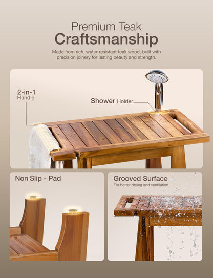 Tinamo 22”L Teak Shower Bench for Inside Showers -400Lbs Capacity-Teak Shower Stool, Wooden Bathroom Bench, Shower Chair for Inside Shower with Handle, Teak Shower Bench, Wood Bench with Shower Holder