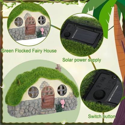 Roowest 57 Pcs Solar Fairy House Garden Accessories Kit Light up Mushroom House Resin Fairy Village Figures Garden Resin Miniature Fish Pond Figures Micro Landscape Outdoor Decorations