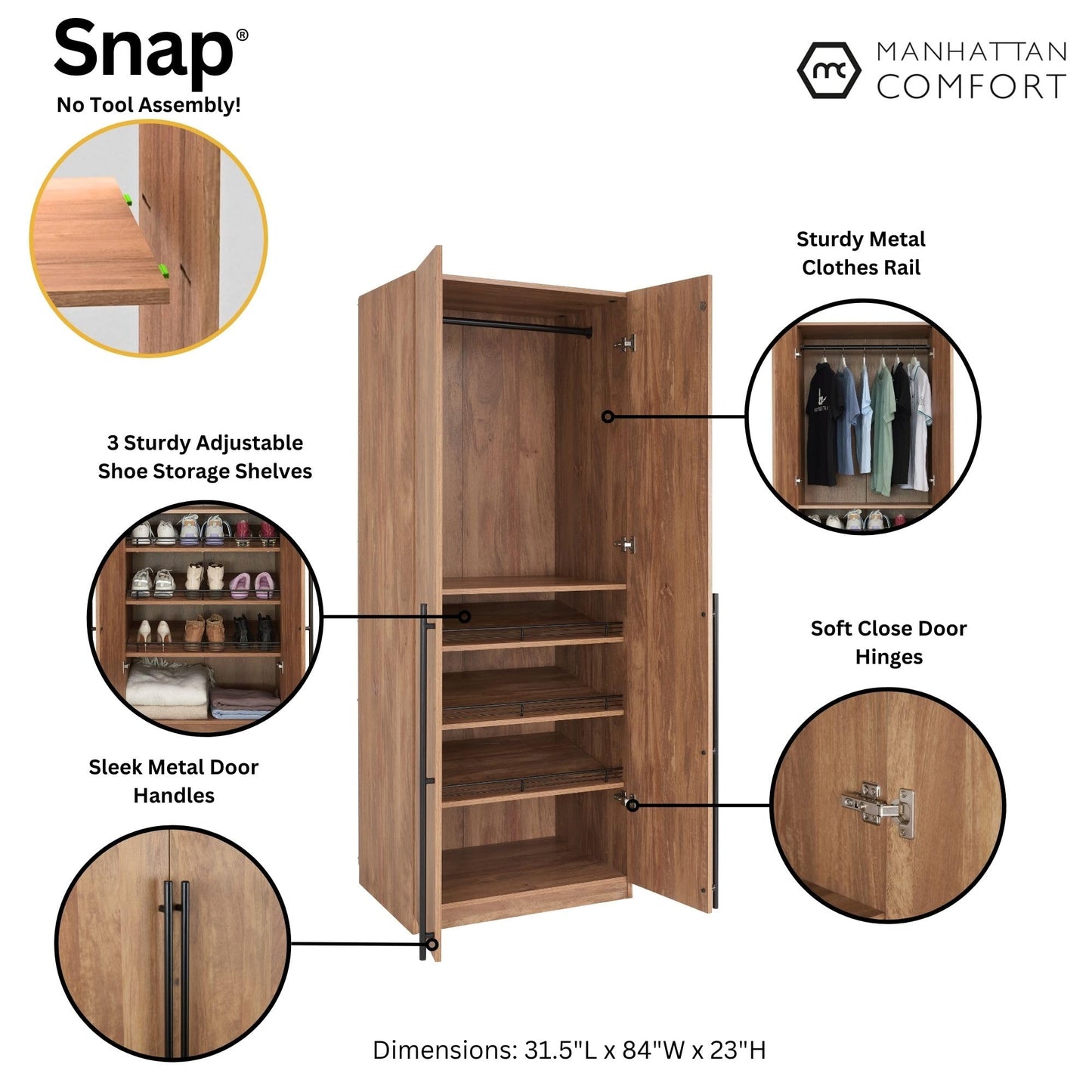 Manhattan Comfort Lee Modern Freestanding Closet 3.0 | Space-Saving Design with 3 Hanging Rod, 9 Shoe Shelves & 3 Basic Shelves | No Tool Assembly Storage Cabinet, 3 Piece Set, Golden Brown