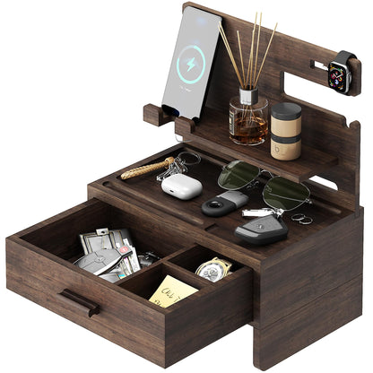 NiHome Wooden Nightstand Organizer for Men, Solid Wood Charging Dock for Smartphone, Smartwatch, Tablet, Wallet, Keys, Glasses, Accessories, Easy Assembly Stylish Design for Classic & Modern Interiors