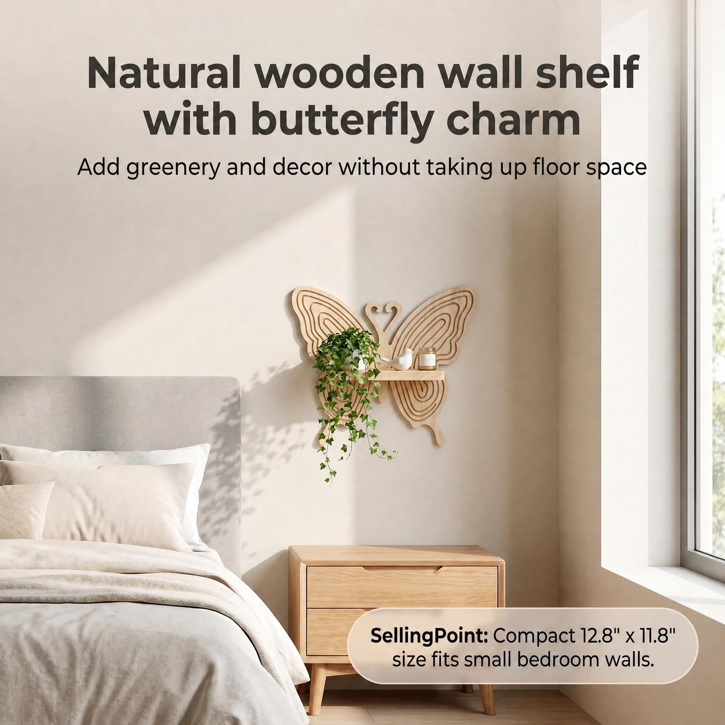 Stylitzy Boho Butterfly Wooden Floating Wall Shelf, Carved Wood Wall Art Decor, Wall Mounted Display Rack for Plants, Photos & Figurines, Hanging Storage Shelf for Bedroom Living Room