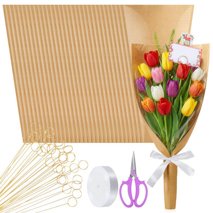 Oqqlin 100 Pcs Flower Bags for Bouquets, 9.4 x 18.1 Inch Flower Packing Paper Sleeves with 50 Floral Card Holders, Ribbons and Scissors Floral Packaging Bags for Florist Wrap Supplies, Graduation