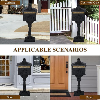 Mailbox, Heavy Duty Cast Aluminum Postal Box, Mail Box with 2 Keys for Courtyard Villa Decoration - Black
