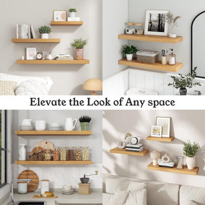 Ornawit Floating Shelves for Wall, 9.3" Deep Wall Mounted Wood Shelves for Bathroom, Bedroom, Living Room, Kitchen, Hanging Shelf for Books/Storage/Room Decor (Oak, 24")