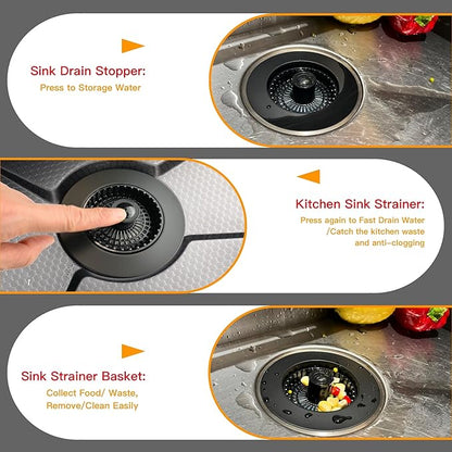 Kitchen Sink Drain Strainer 3 in 1, 304 Stainless Steel Pop Up Sink Stopper
