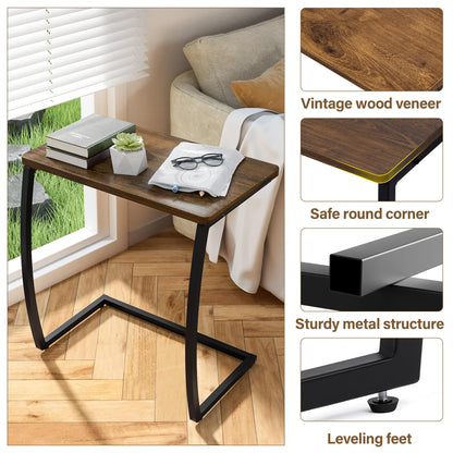 SRIWATANA Side Table, End Table, Vintage C-Shaped Couch Table for Sofa Laptop Coffee Snack, Walnut