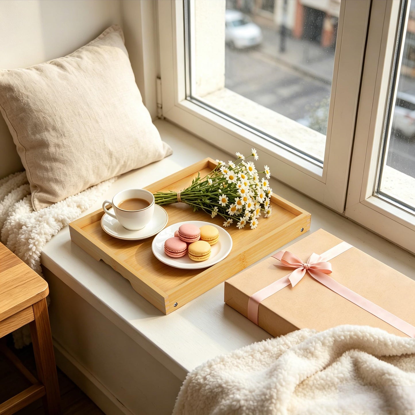 Breakfast Tray with Folding Legs Set of 2, Bamboo Bed Tray Table 15.7" Foldable TV Dinner Tray with Ergonomic Wave Handles for Bed Couch Sofa, Breakfast, Snacks, Coffee, Natural