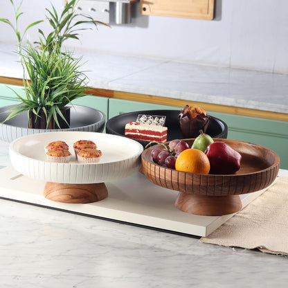 LAVAUK Acacia Wood fruit bowl with pedestal | 12" dia | Decorative bowl used as Centerpiece for kitchen counter or dining table | Wooden table decor| (Natural Finish)