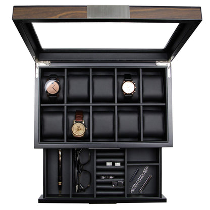 Decorebay Executive Wooden Watch Box Valet Box Sunglasses and Jewelry Box Storage Organizer (Sweetheart) (Brown)