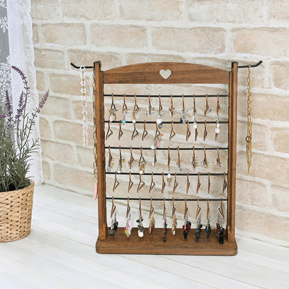 Ikee Design Wooden 120 pairs Earrings Display Stand, Jewelry Necklace Display Rack, Jewelry Organizer with 60 Mini Hangers and 2 Removable Hooks, Brown Color, 12.2W x 4.7D x 16.3H in