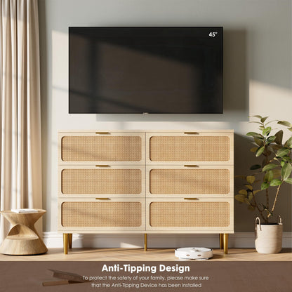 GarveeHome Rattan 6 Drawer Dresser for Bedroom, Large Double Dresser with Deep Drawers, Wooden Chest of Drawers for Closet with Wide Top, for Living Room, Hallway, Kids Room, Natural